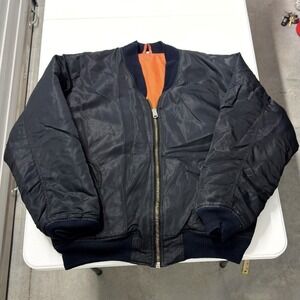 Vintage MA-1 Flight Bomber Jacket Navy Blue Orange Lining Utility Coat Mens